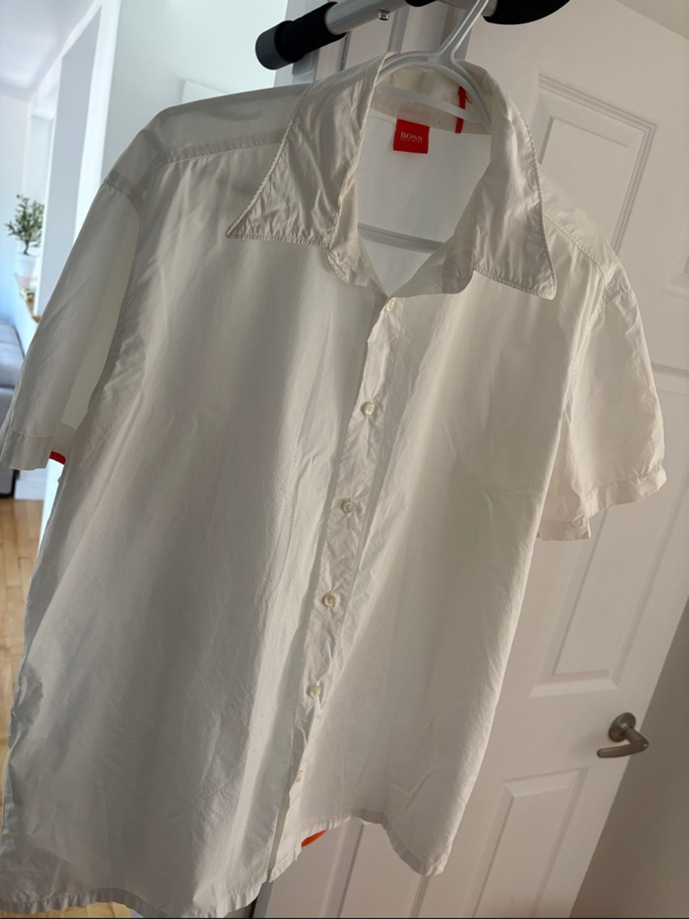 Boss White Short-Sleeve Button-Down Shirt with Subtle Red Tag